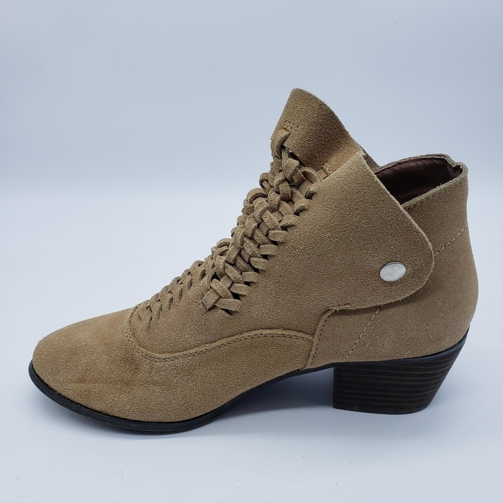 Plume by FarylRobin women US 9 DORAN tan suede ankle booties side snap woven - Picture 9 of 15